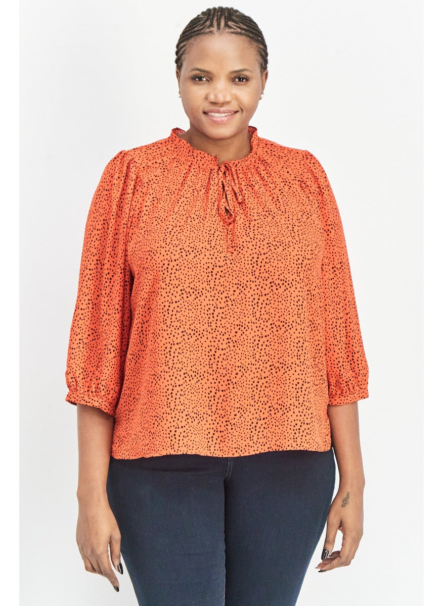 Women Tie Neck Elbow Sleeves Polka Dots Top, Red