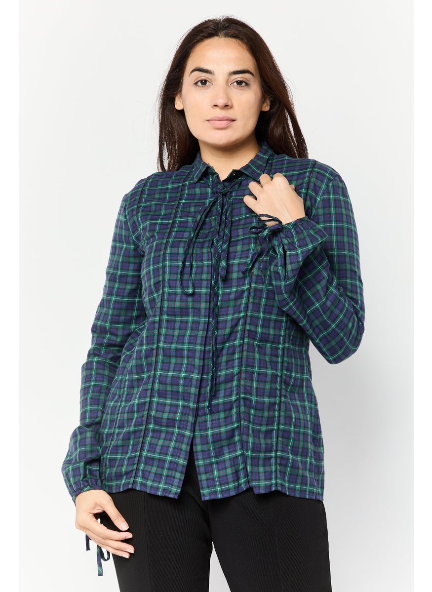 Women Tie Neck Plaid Long Sleeve Blouse, Navy
