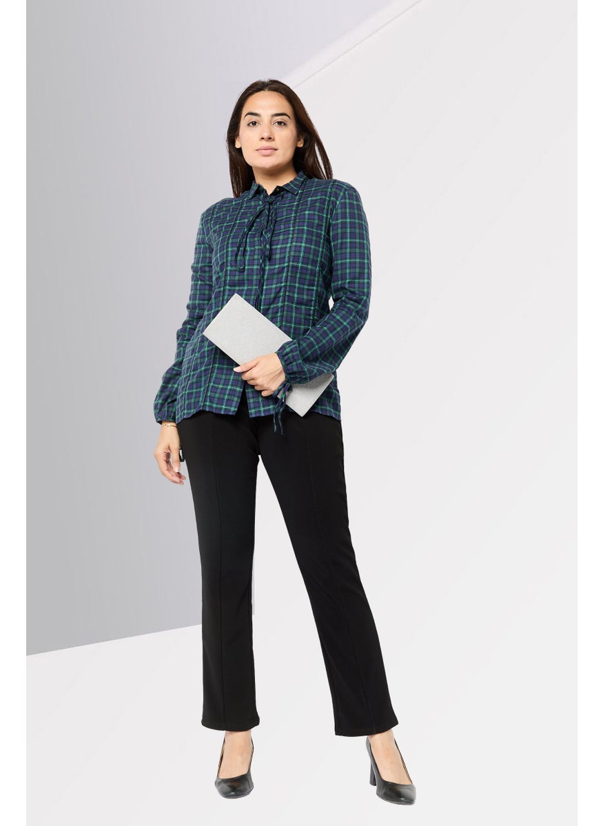 Women Tie Neck Plaid Long Sleeve Blouse, Navy