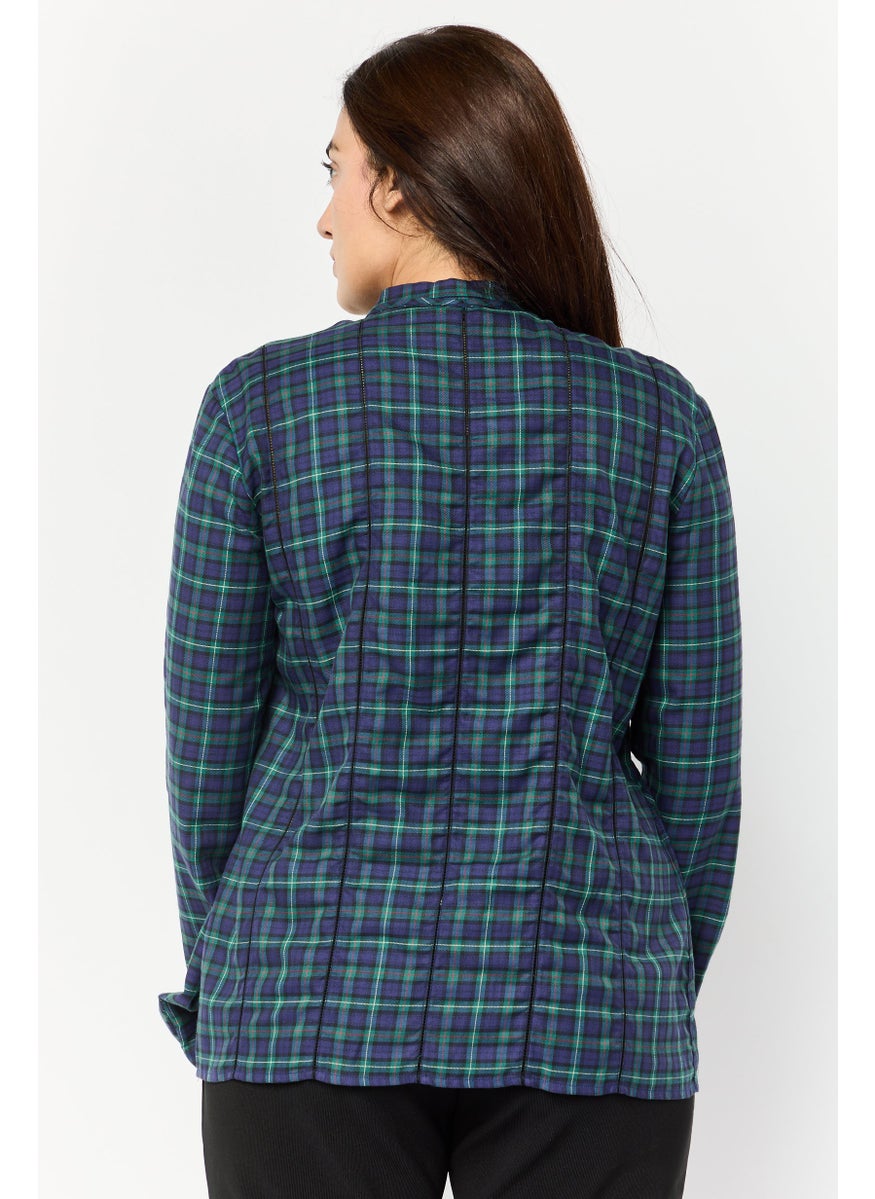 Women Tie Neck Plaid Long Sleeve Blouse, Navy