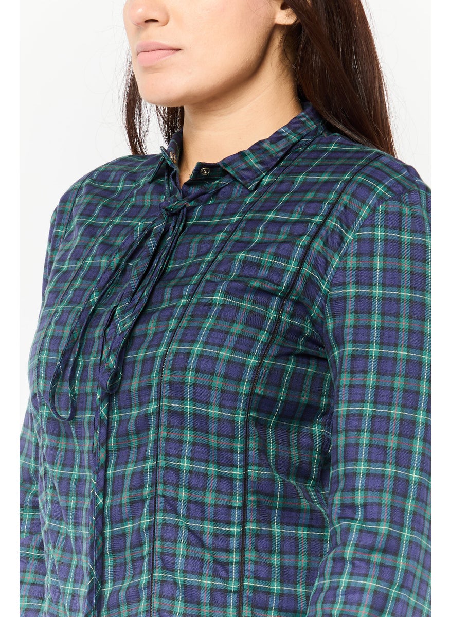 Women Tie Neck Plaid Long Sleeve Blouse, Navy