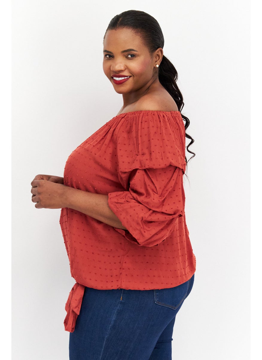 Women Plus Size Off Shoulder Short Sleeves Textured Blouse, Maroon