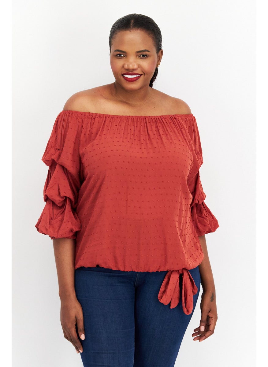 Women Plus Size Off Shoulder Short Sleeves Textured Blouse, Maroon