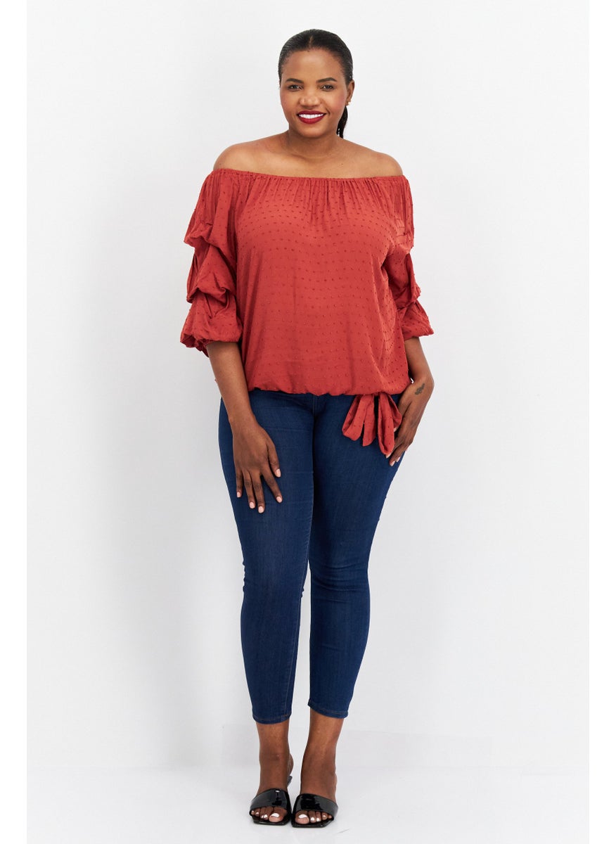 Women Plus Size Off Shoulder Short Sleeves Textured Blouse, Maroon
