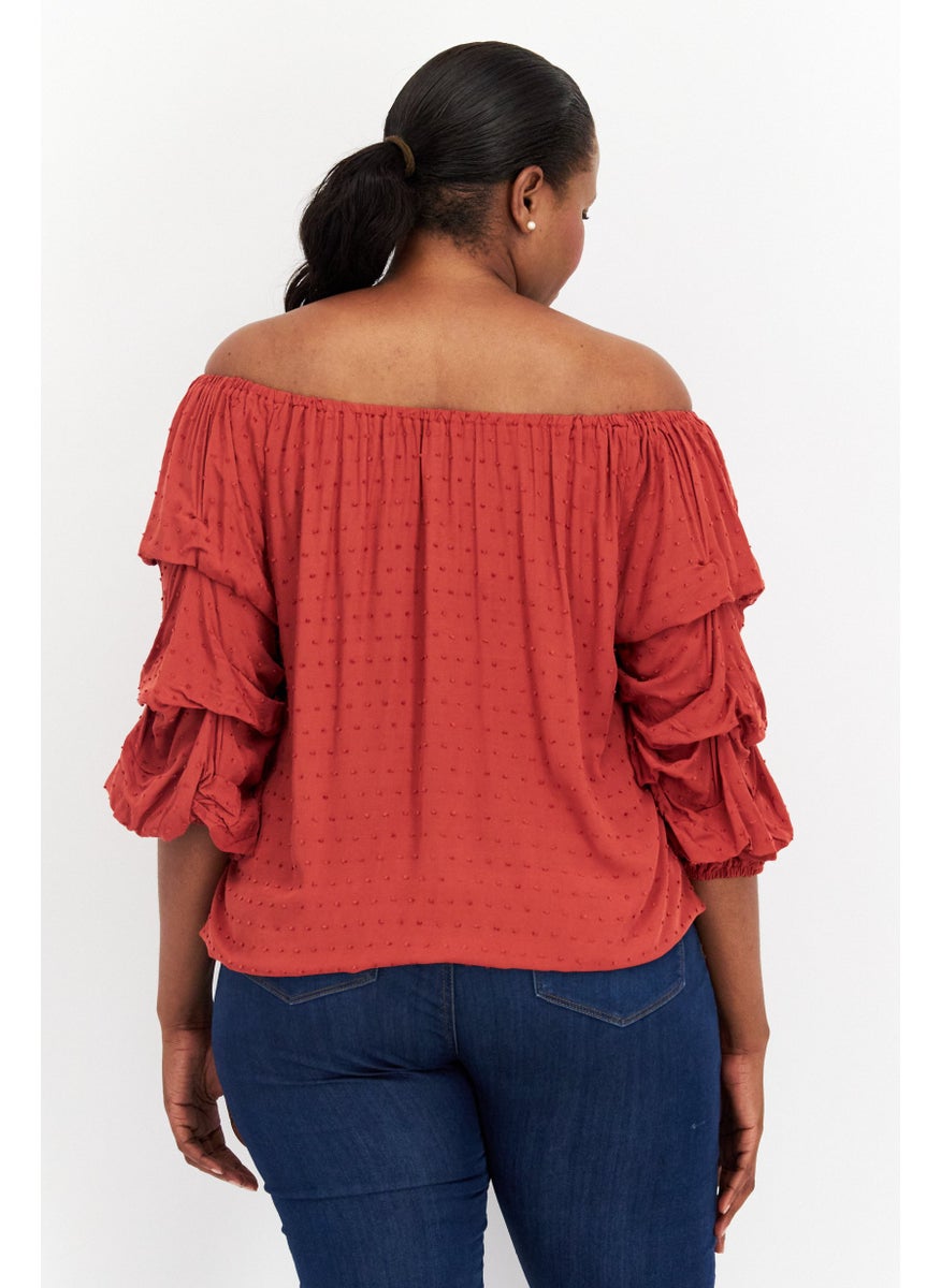 Women Plus Size Off Shoulder Short Sleeves Textured Blouse, Maroon