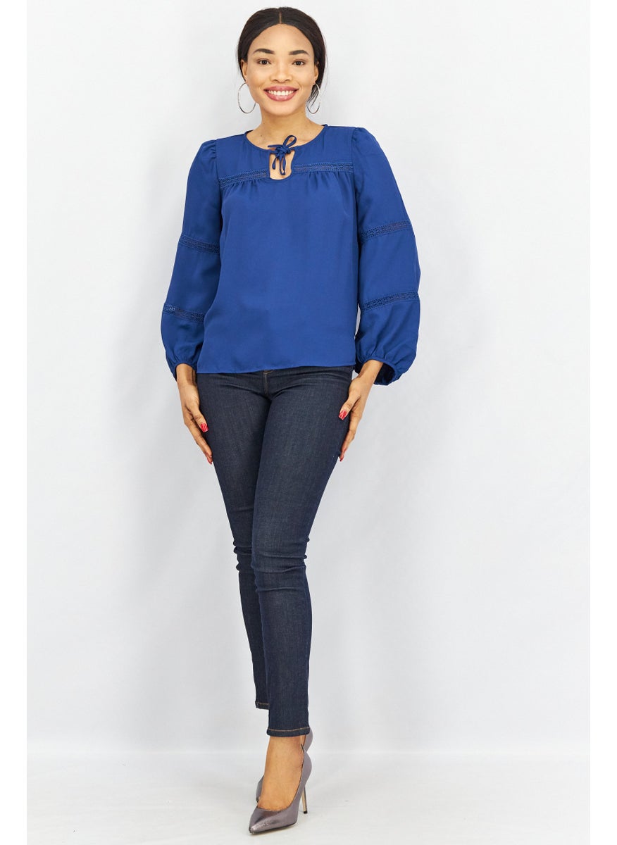 Women Tie Neck Balloon Sleeve Textured Top, Deep Blue