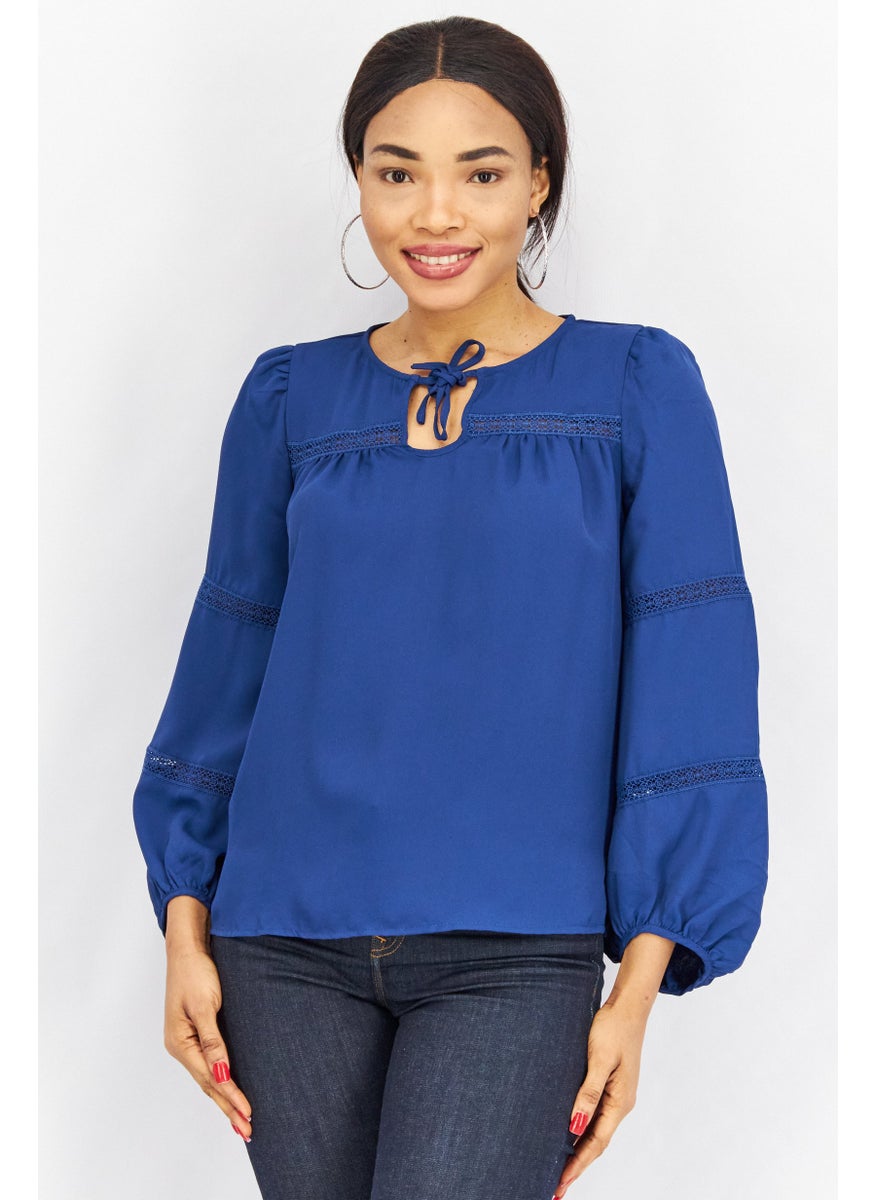 Women Tie Neck Balloon Sleeve Textured Top, Deep Blue