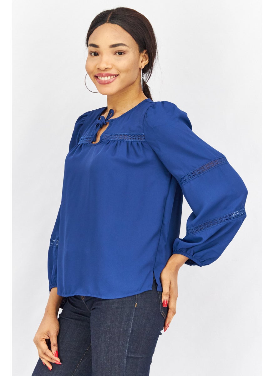 Women Tie Neck Balloon Sleeve Textured Top, Deep Blue