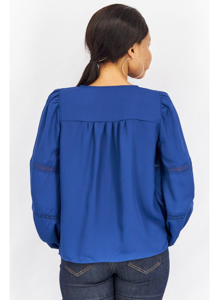 Women Tie Neck Balloon Sleeve Textured Top, Deep Blue