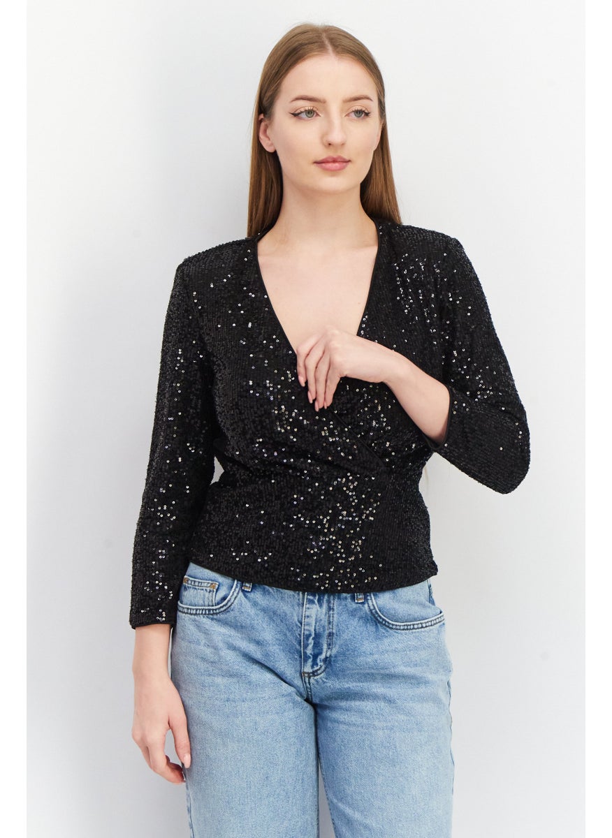 Women Surplice Neck Long Sleeve Textured Top, Black