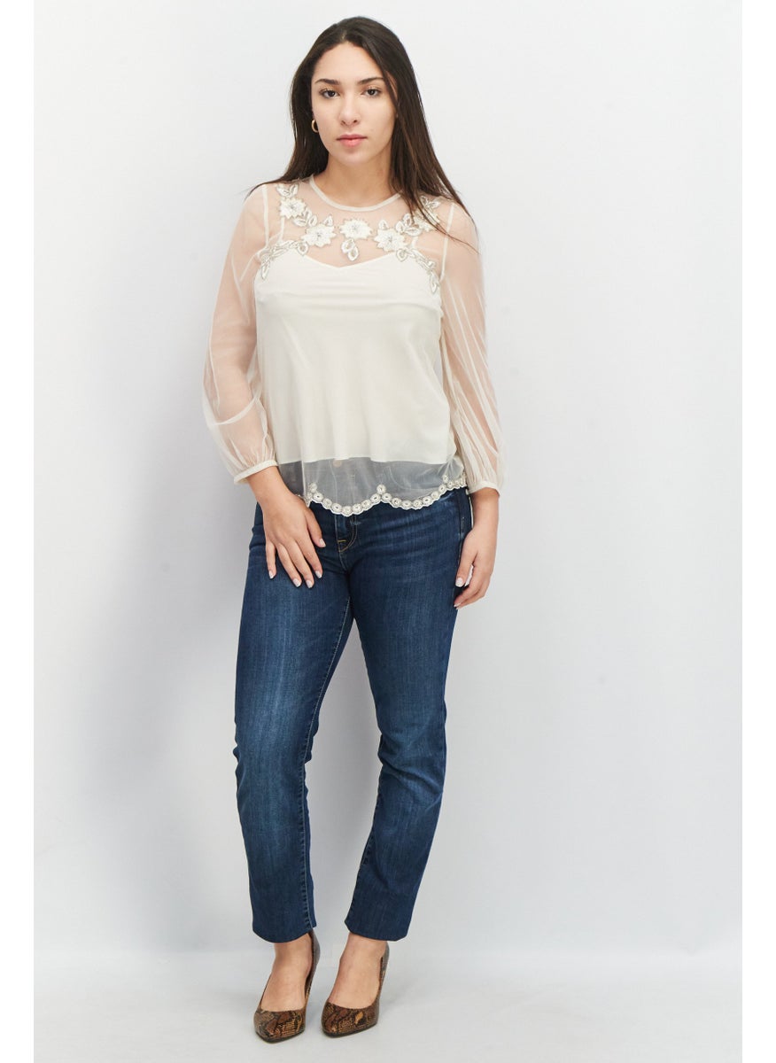 Women Crew Neck Long Sleeve Textured Top, Classic Cream