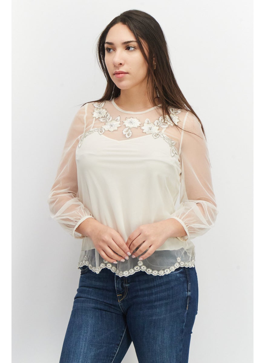 Women Crew Neck Long Sleeve Textured Top, Classic Cream
