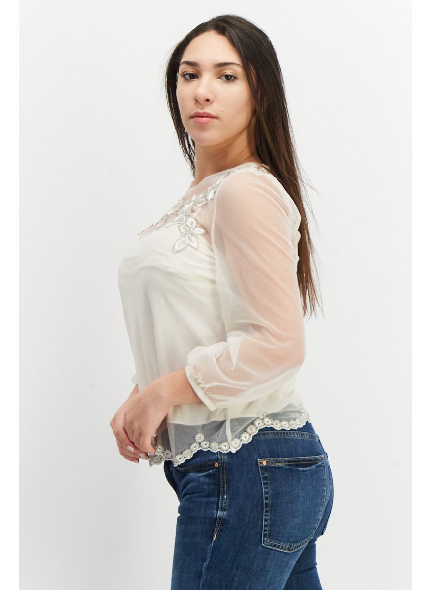 Women Crew Neck Long Sleeve Textured Top, Classic Cream