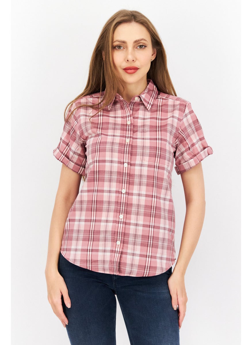 Women Pointed Collar Long Sleeve Checkered Shirt, Pink Combo