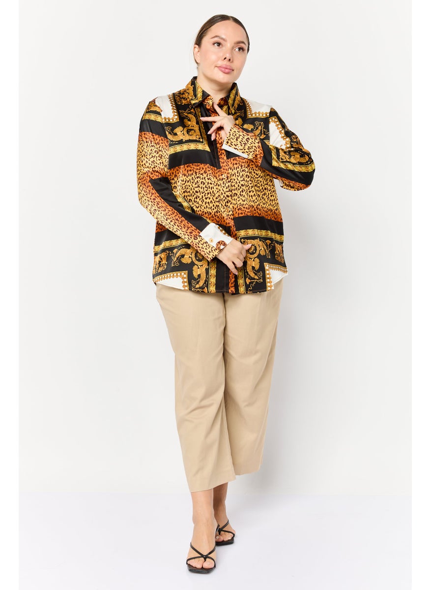 Women Spread Collar Allover Print Satin Shirt, Multicolor