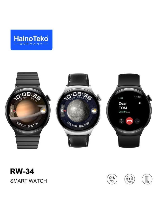 Haino Teko RW-34 AMOLED Display Smart Watch with 3 Pair Strap - Black