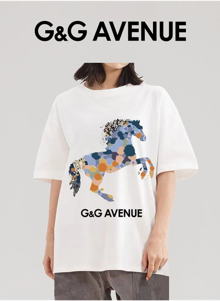 Heavy cotton fabric Summer pure cotton short sleeved unisex T-shirt, Oversized and fashionable couple, colored horse bottomed shirt