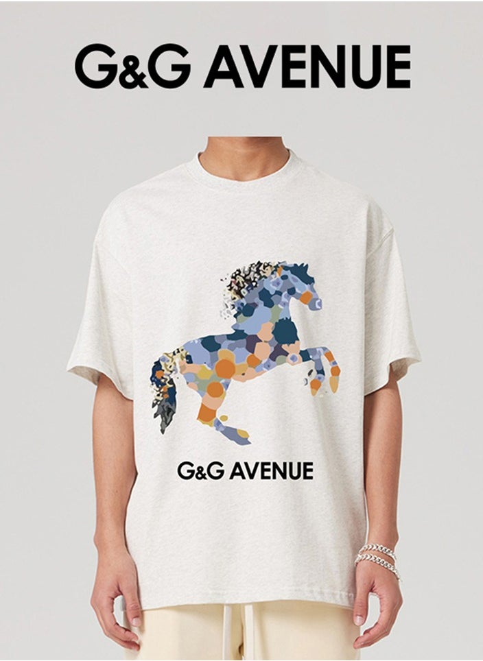 Heavy cotton fabric Summer pure cotton short sleeved unisex T-shirt, Oversized and fashionable couple, colored horse bottomed shirt