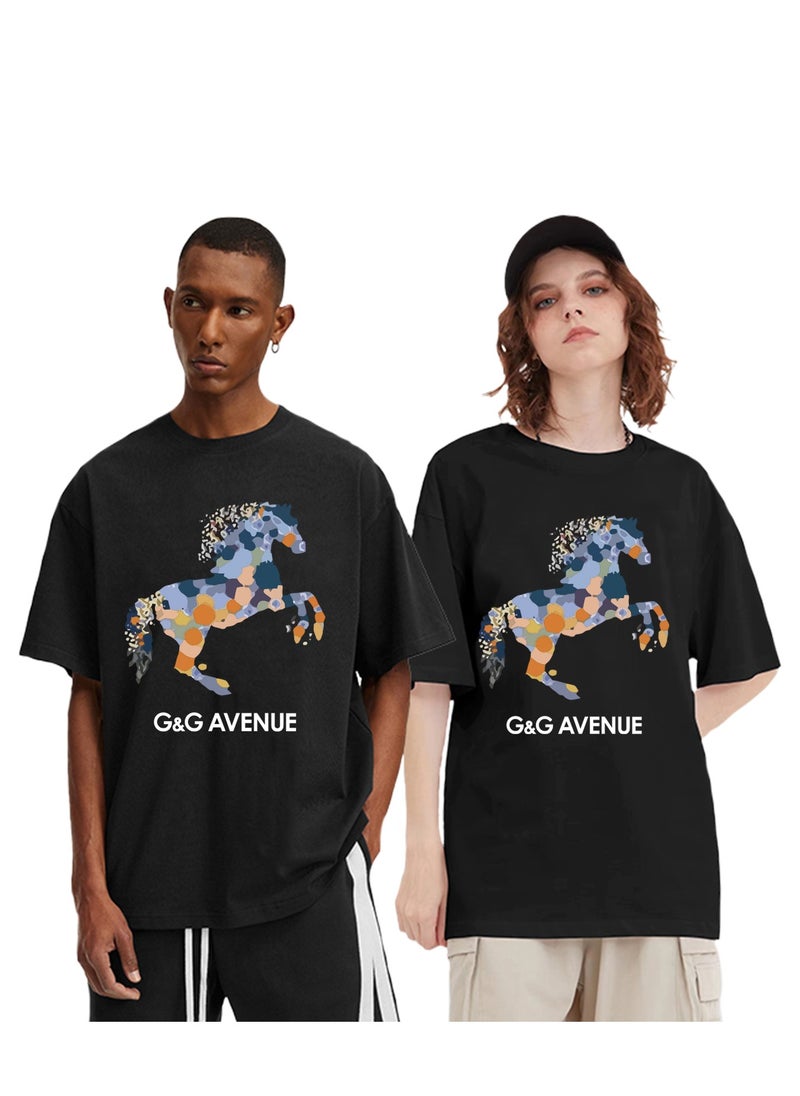 Heavy cotton fabric Men's Sports Style Pure Cotton Thick Oversized Round Neck T-shirt Black New Trend Colored Horse Pattern Casual Style (One Piece)