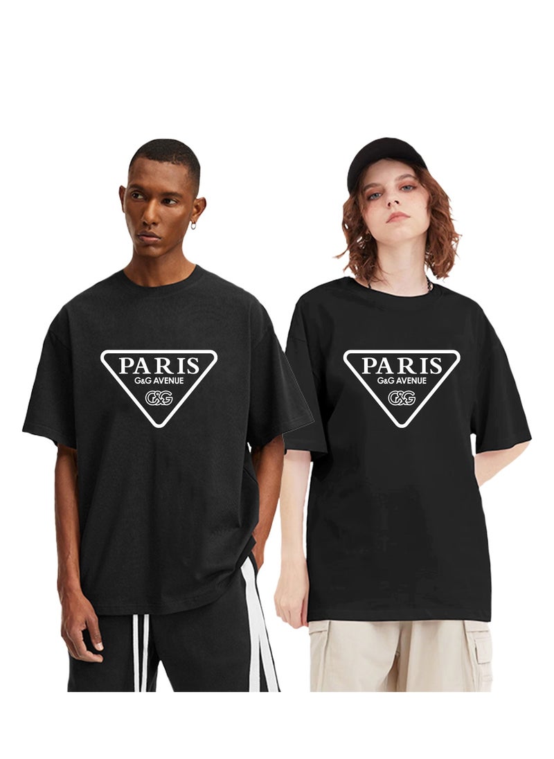 Heavy cotton fabric Men's cotton washed black T-shirt Oversized fitting unisex short sleeved street clothing rap hip-hop triangle printed T-shirt