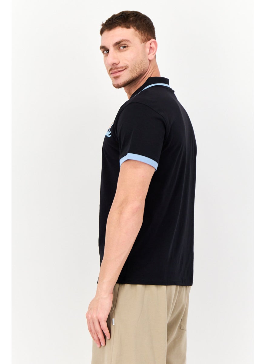Men Regular Fit Brand Logo Short Sleeves Polo Shirt, Black