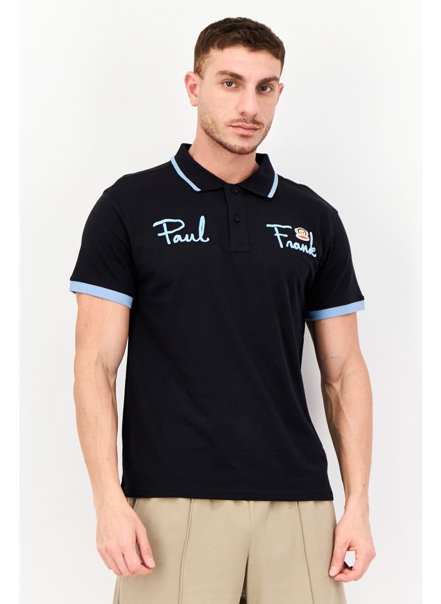 Men Regular Fit Brand Logo Short Sleeves Polo Shirt, Black