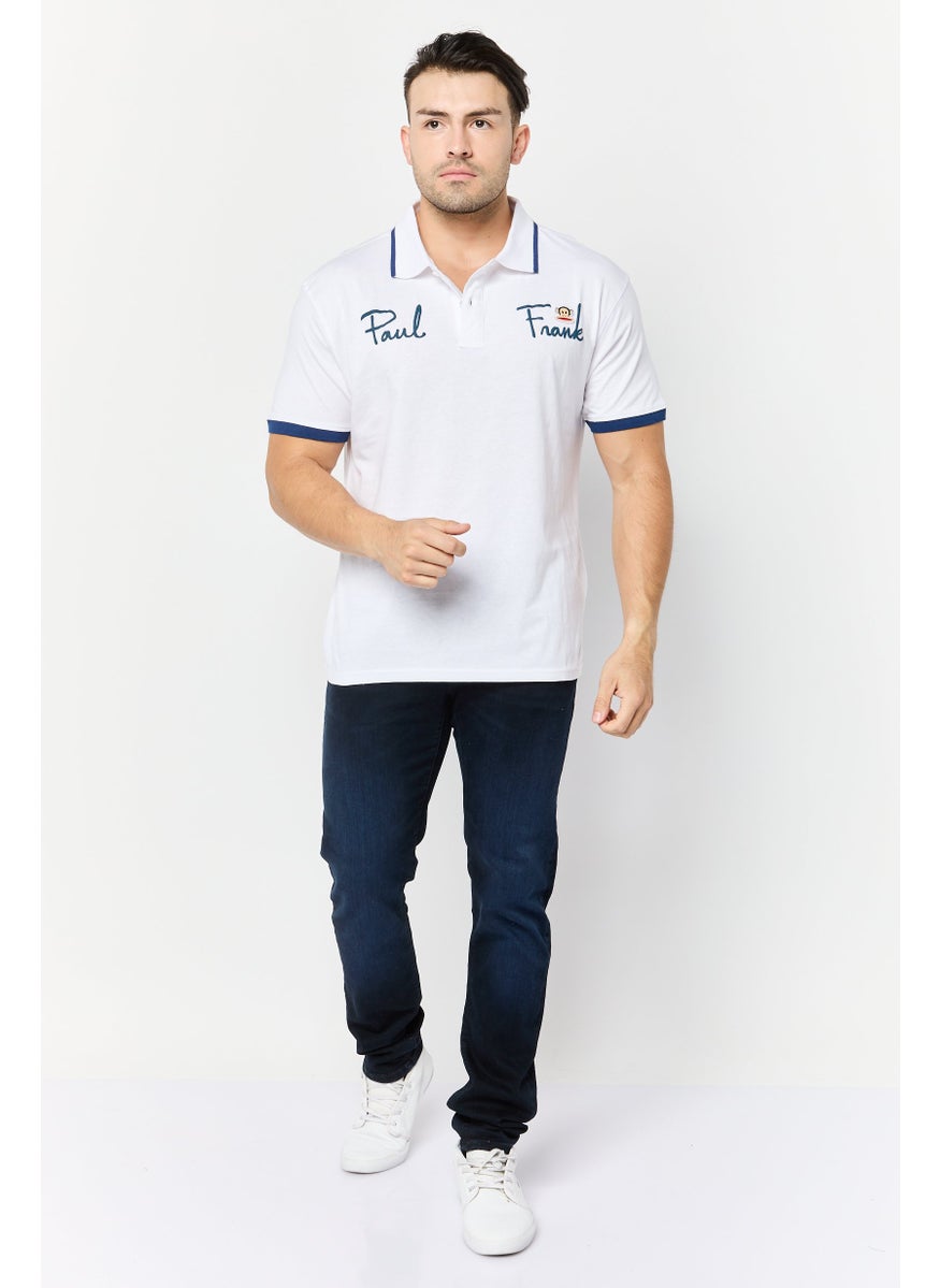 Men Regular Fit Brand Logo Short Sleeves Polo Shirt, White
