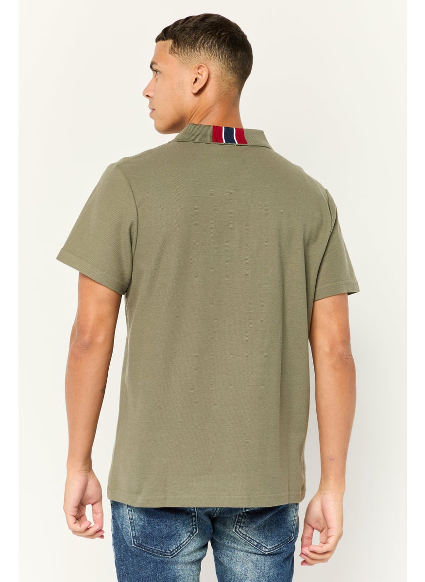 Men Regular Fit Brand Logo Short Sleeves Polo Shirt, Olive