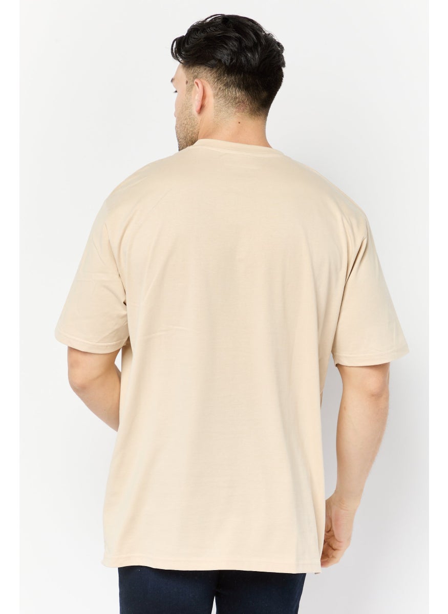 Men Crew Neck Short Sleeve Graphic Print T-Shirt, Beige