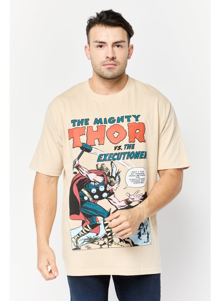 Men Crew Neck Short Sleeve Graphic Print T-Shirt, Beige