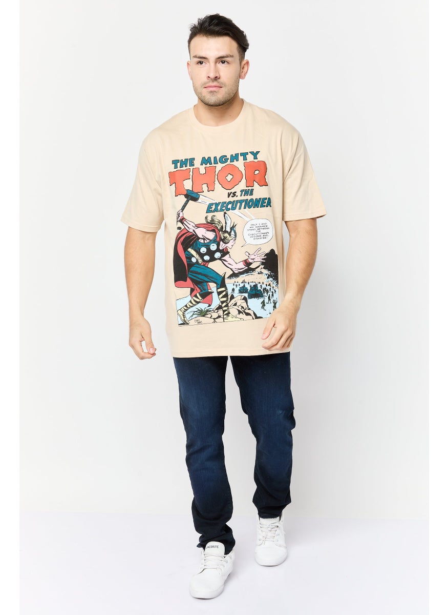 Men Crew Neck Short Sleeve Graphic Print T-Shirt, Beige