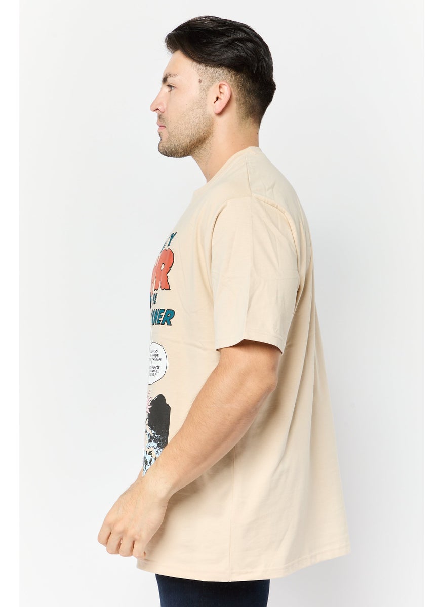 Men Crew Neck Short Sleeve Graphic Print T-Shirt, Beige
