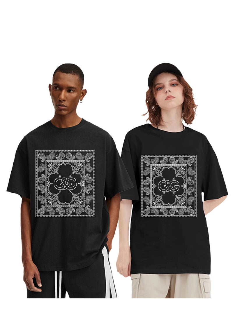 Heavy cotton fabric Men's Sports Style Pure Cotton Thick Oversized Round Neck T-shirt Black New Trend Pattern Casual Style (One Piece)