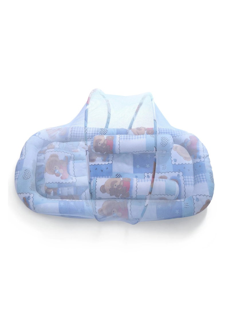 Babyhug Teddy Print Cotton Baby Bedding Set with Mosquito Net 0-12m, Soft Cushioned Mattress and Bolsters