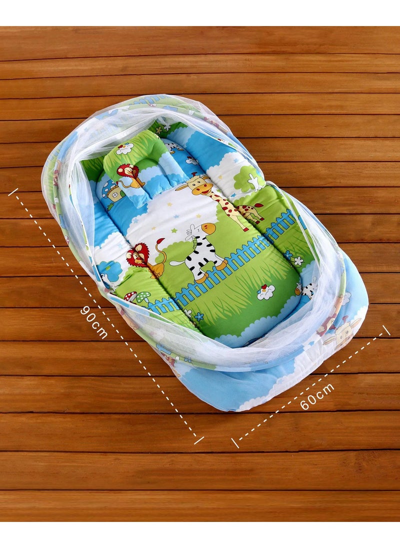 Babyhug Cotton Bedding Set with Mosquito Net for 0-12 Months - Foldable, Jungle Print 90x60cm