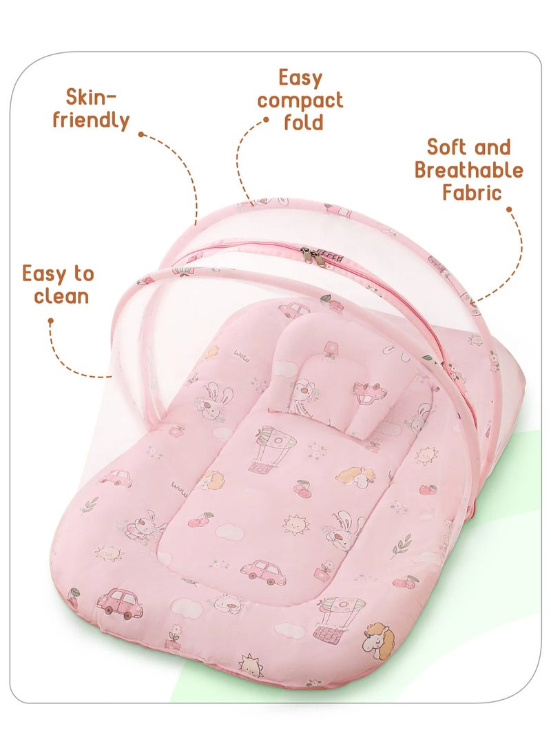 Babyhug Pink Bunny Print Cotton Bedding Set with Mosquito Net, Soft & Foldable for 0-9M