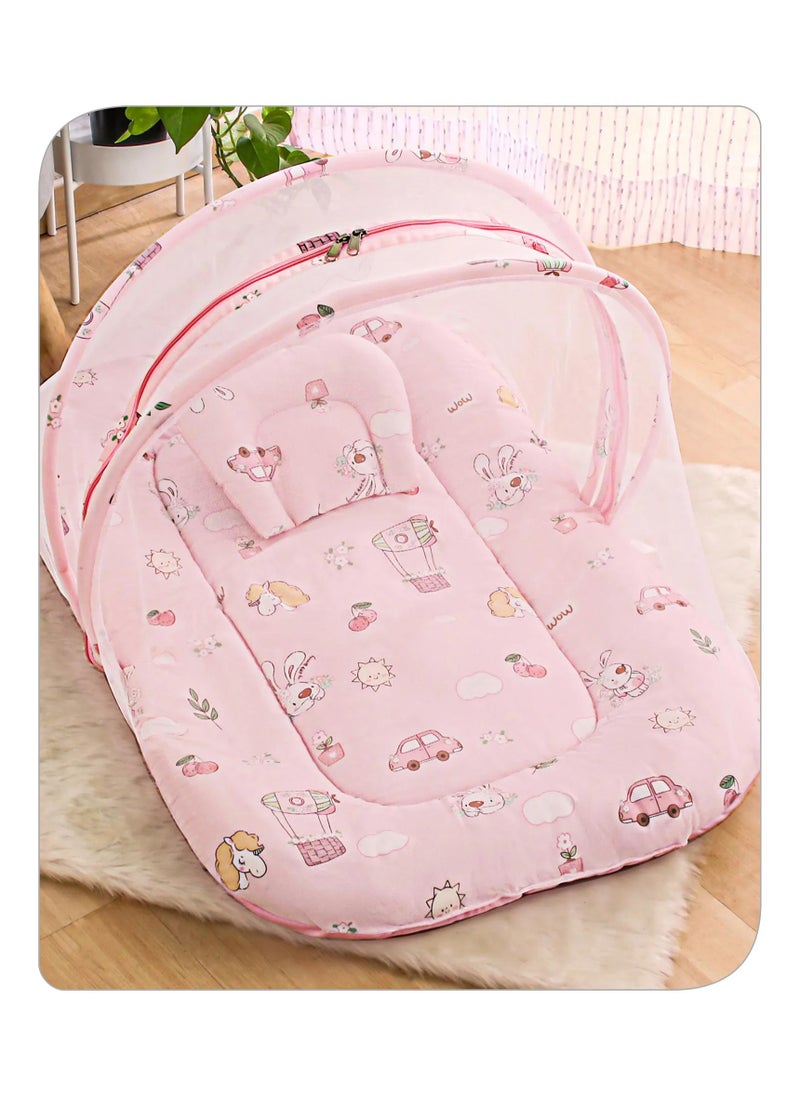 Babyhug Pink Bunny Print Cotton Bedding Set with Mosquito Net, Soft & Foldable for 0-9M