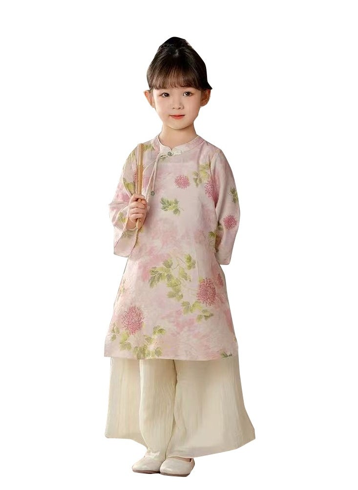 Summer Toddler Girl's 2 Piece Floral Outfits round Neck LongSleeve Top and Wide Leg Long Pants Set（with fan）