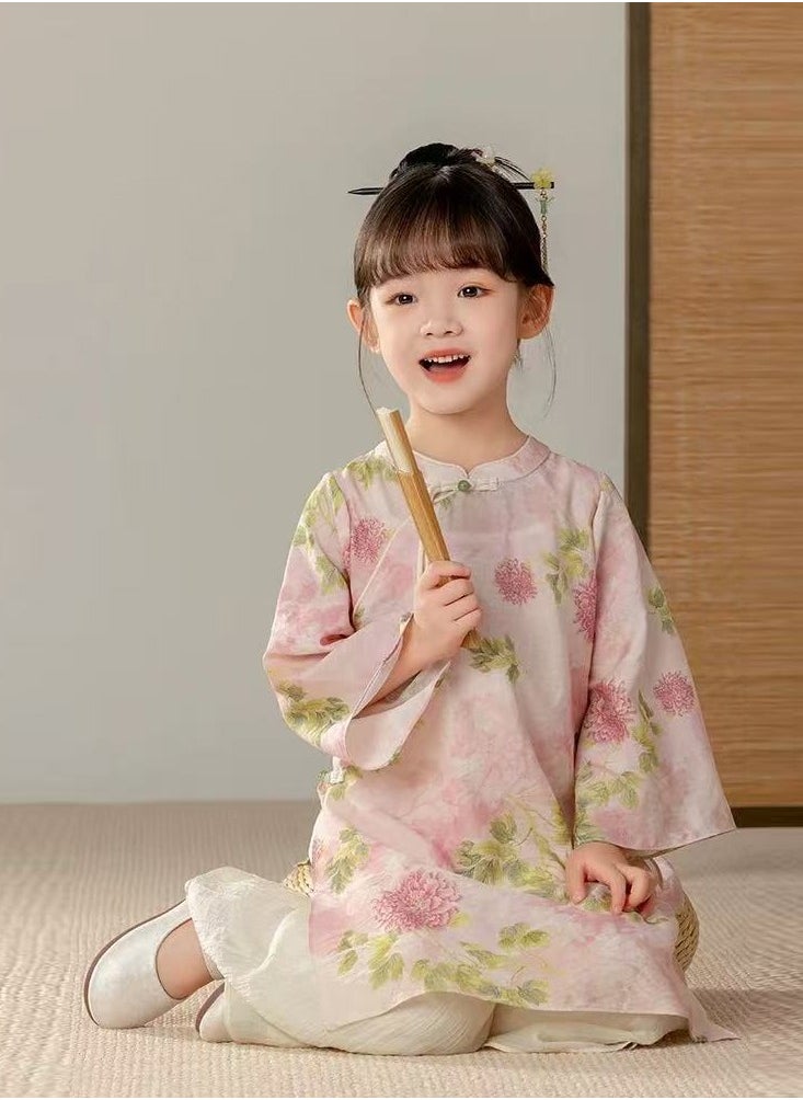 Summer Toddler Girl's 2 Piece Floral Outfits round Neck LongSleeve Top and Wide Leg Long Pants Set（with fan）