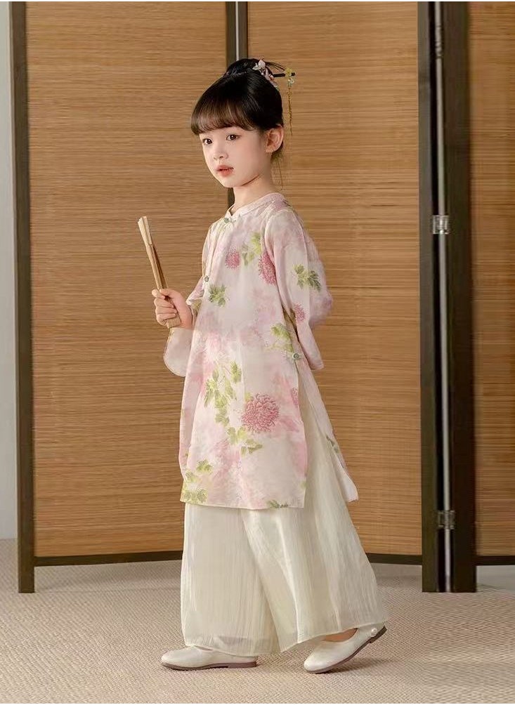 Summer Toddler Girl's 2 Piece Floral Outfits round Neck LongSleeve Top and Wide Leg Long Pants Set（with fan）