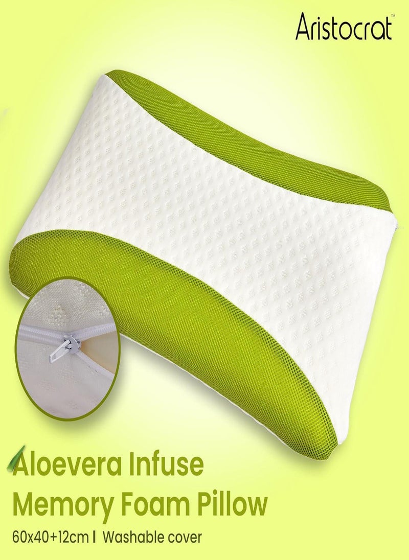 Aloe Vera Infused Memory Foam Pillow | Hypoallergenic & Breathable | Removable cover - 60x40x12cm