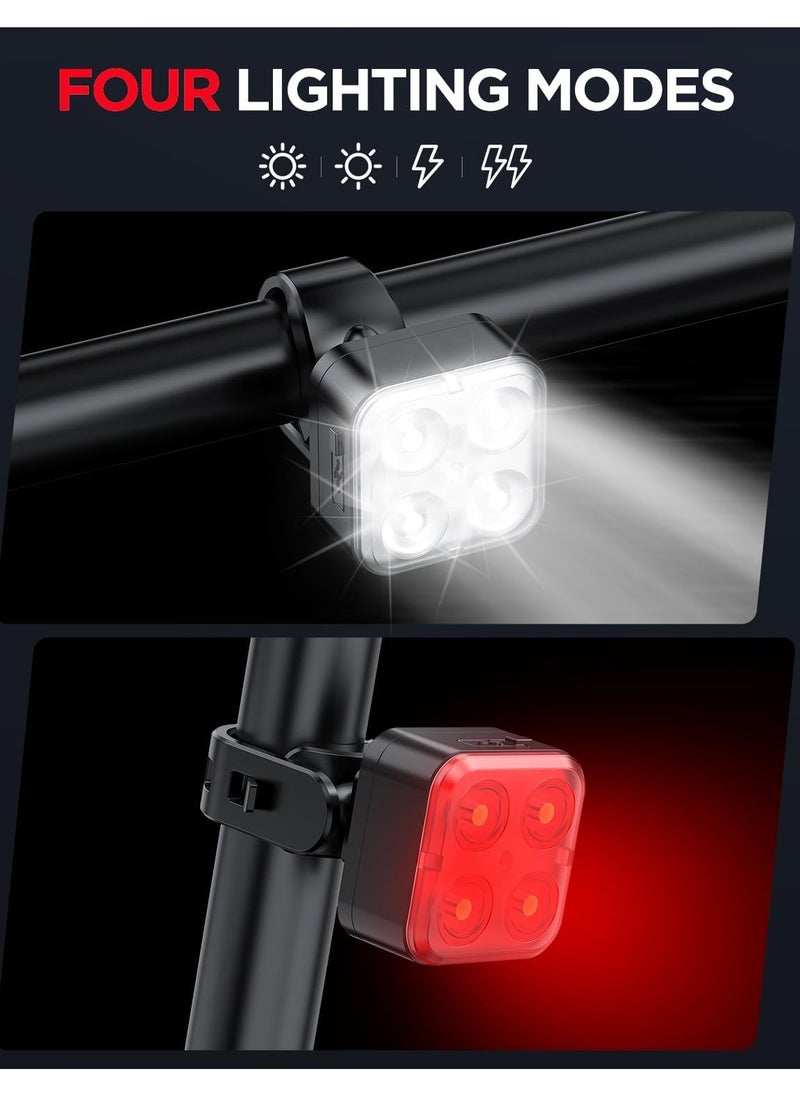 Bike Lights Set, Rechargeable Bicycle Lights Front and Rear, 4 Light Mode Options, Bike Headlight, IPX4 Waterproof, Easy to Install for Men Women Road (2 Pack)