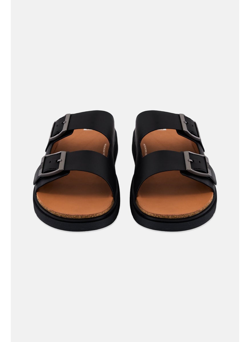 Men Brand Logo Slip On Sandals, Black/Brown