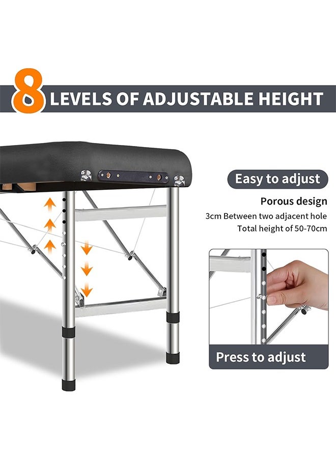 Portable Massage Bed, Lightweight Massage Table with Adjustable Height, Aluminum Design for SPA, Salon, Home & Tattoo - Includes Headrest, Armrests & Face Cradle (Black)