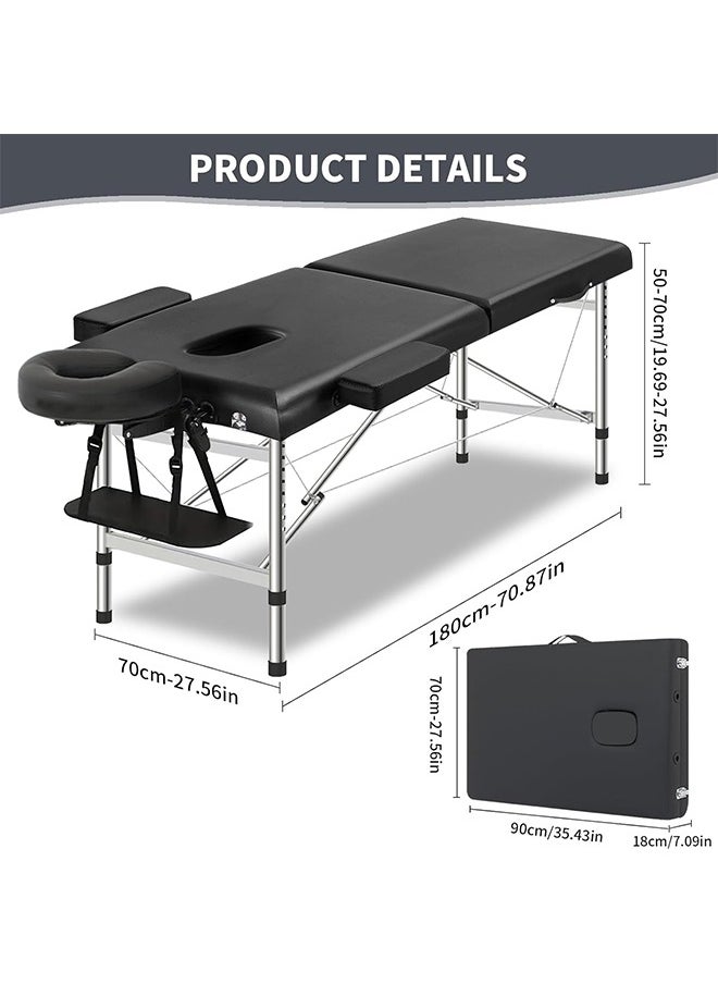 Portable Massage Bed, Lightweight Massage Table with Adjustable Height, Aluminum Design for SPA, Salon, Home & Tattoo - Includes Headrest, Armrests & Face Cradle (Black)