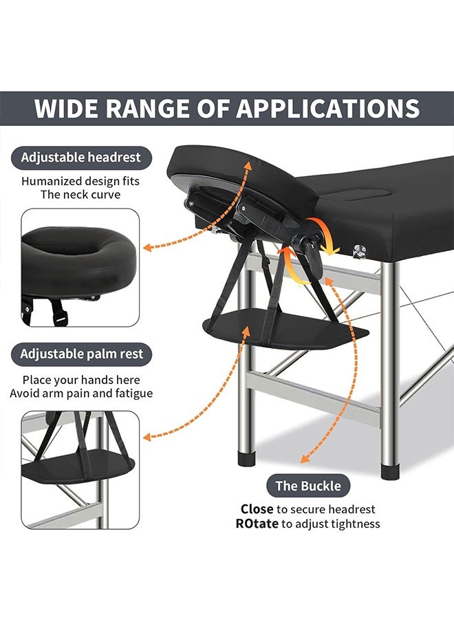 Portable Massage Bed, Lightweight Massage Table with Adjustable Height, Aluminum Design for SPA, Salon, Home & Tattoo - Includes Headrest, Armrests & Face Cradle (Black)