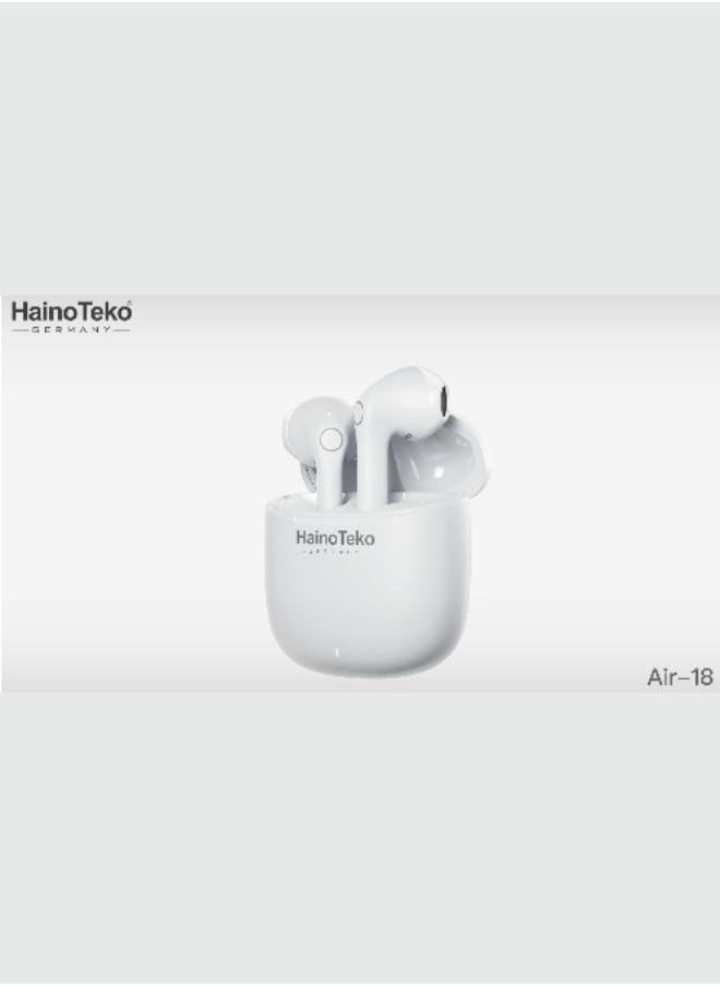 Air-18 Bluetooth Earphones with High-Quality Sound, Super Clear Mic, and Touch Controls – Stylish & Comfortable White Wireless Earphones for Music, Calls, and Sports.