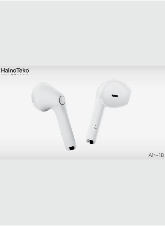Air-18 Bluetooth Earphones with High-Quality Sound, Super Clear Mic, and Touch Controls – Stylish & Comfortable White Wireless Earphones for Music, Calls, and Sports.