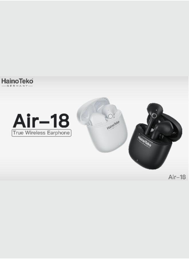 Air-18 Bluetooth Earphones with High-Quality Sound, Super Clear Mic, and Touch Controls – Stylish & Comfortable White Wireless Earphones for Music, Calls, and Sports.