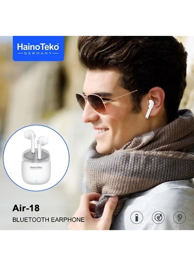 Air-18 Bluetooth Earphones with High-Quality Sound, Super Clear Mic, and Touch Controls – Stylish & Comfortable White Wireless Earphones for Music, Calls, and Sports.